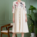 Off White Floral Applique Work A-Line Midi Dress