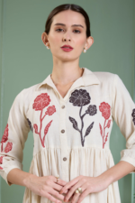 Off White Floral Applique Work A-Line Midi Dress - Image 3