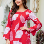Red Floral Printed Corset Back Cotton Kurti