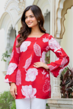 Red Floral Printed Corset Back Cotton Kurti