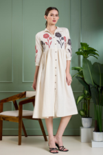 Off White Floral Applique Work A-Line Midi Dress - Image 4