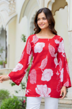 Red Floral Printed Corset Back Cotton Kurti - Image 3