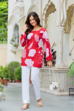 Red Floral Printed Corset Back Cotton Kurti - Image 4