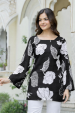 Black Floral Printed Corset Back Cotton Kurti