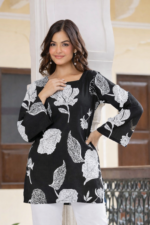 Black Floral Printed Corset Back Cotton Kurti - Image 2