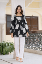 Black Floral Printed Corset Back Cotton Kurti - Image 5