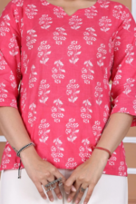 Floral Printed Cotton Straight Kurti - Pink - Image 2