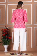 Floral Printed Cotton Straight Kurti - Pink - Image 3