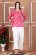 Floral Printed Cotton Straight Kurti - Pink - Image 4