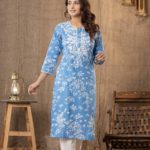 Women Blue Floral Printed Regular Chikankari Pure Cotton Kurta with Trousers