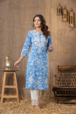 Women Blue Floral Printed Regular Chikankari Pure Cotton Kurta with Trousers