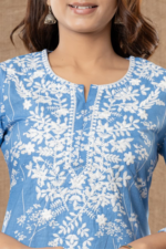 Women Blue Floral Printed Regular Chikankari Pure Cotton Kurta with Trousers - Image 6