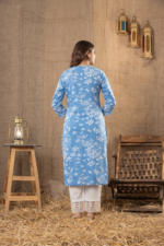 Women Blue Floral Printed Regular Chikankari Pure Cotton Kurta with Trousers - Image 5