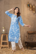 Women Blue Floral Printed Regular Chikankari Pure Cotton Kurta with Trousers - Image 2