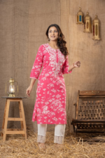 Women Pink Floral Printed Regular Chikankari Pure Cotton Kurta with Trousers - Image 6