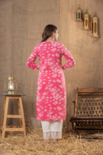 Women Pink Floral Printed Regular Chikankari Pure Cotton Kurta with Trousers - Image 3