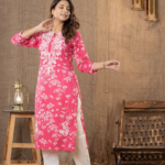 Women Pink Floral Printed Regular Chikankari Pure Cotton Kurta with Trousers