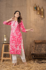 Women Pink Floral Printed Regular Chikankari Pure Cotton Kurta with Trousers