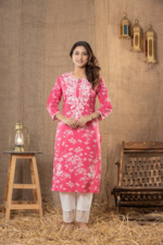 Women Pink Floral Printed Regular Chikankari Pure Cotton Kurta with Trousers - Image 2