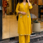 Women Mustard Yellow Floral Embroidered Regular Thread Work Pure Cotton Kurta with Palazzos