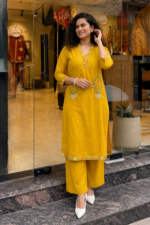Women Mustard Yellow Floral Embroidered Regular Thread Work Pure Cotton Kurta with Palazzos
