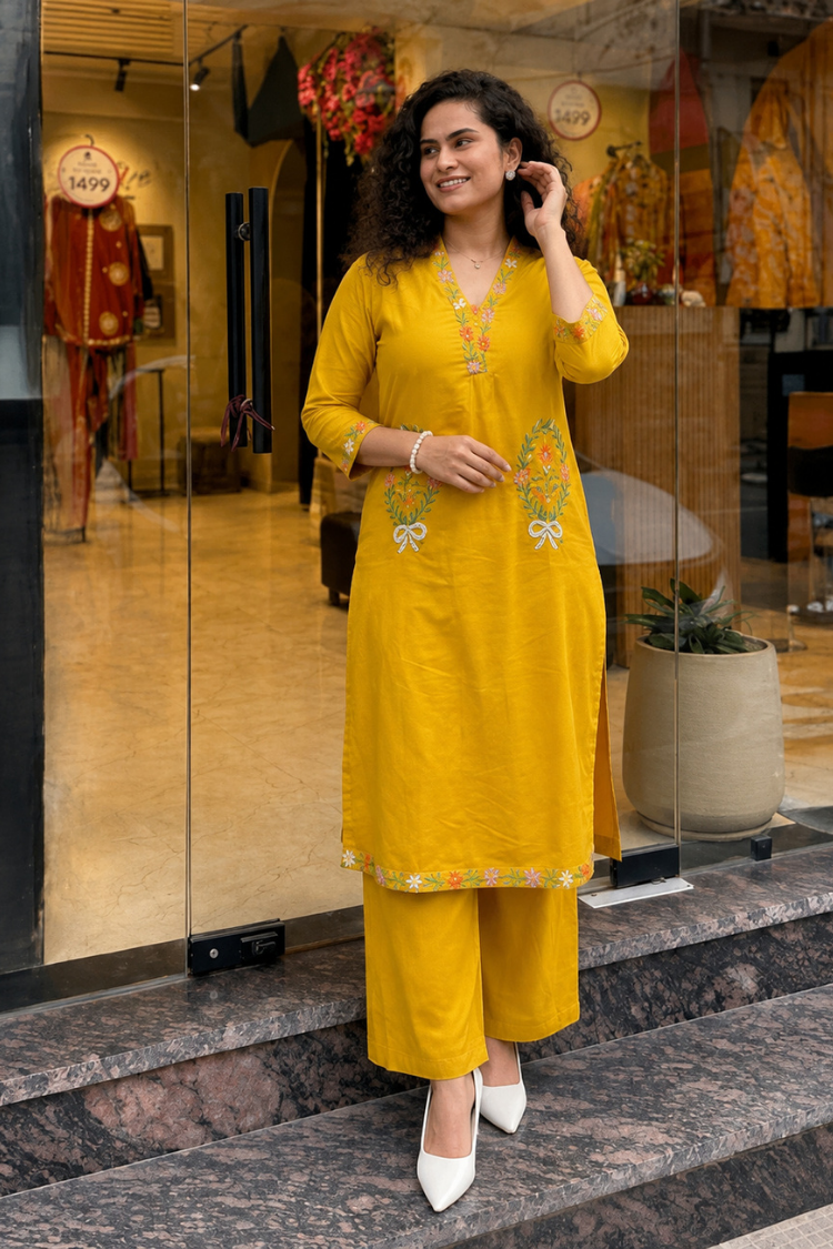 50 Women Mustard Yellow Floral Embroidered Regular Thread Work Pure Cotton Kurta with Palazzos - Image 1