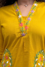Women Mustard Yellow Floral Embroidered Regular Thread Work Pure Cotton Kurta with Palazzos - Image 5