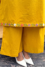 Women Mustard Yellow Floral Embroidered Regular Thread Work Pure Cotton Kurta with Palazzos - Image 4