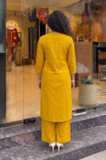 Women Mustard Yellow Floral Embroidered Regular Thread Work Pure Cotton Kurta with Palazzos - Image 2
