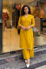 Women Mustard Yellow Floral Embroidered Regular Thread Work Pure Cotton Kurta with Palazzos - Image 7