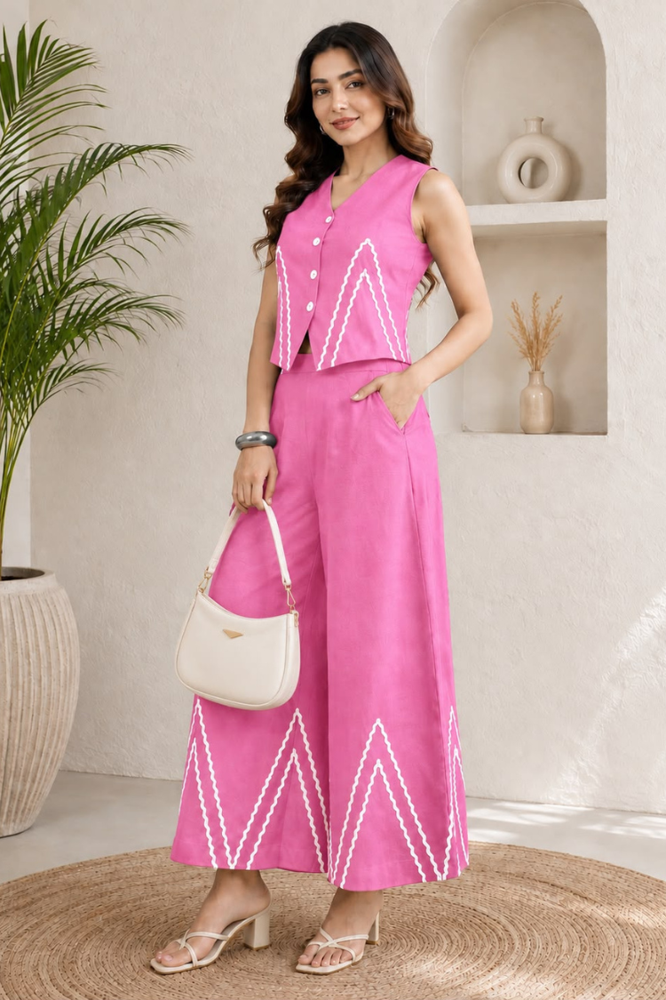 8 Light Pink Cotton Ric-Rac Lace Top with Palazzos - Image 1